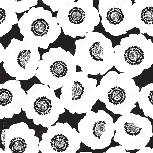 Vászonkép Seamless vector pattern with anemone flowers on black background