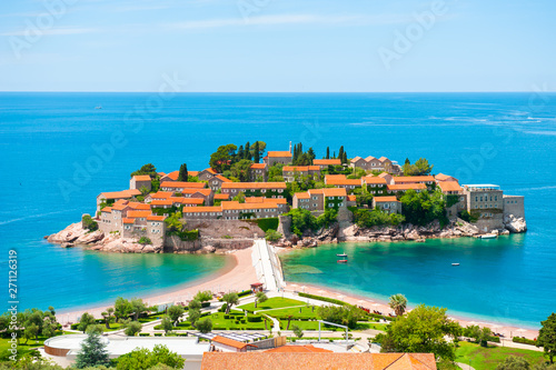 Sveti Stefan island near Budva, Montenegro. Beautiful summer landscape. Famous travel destination. © smallredgirl