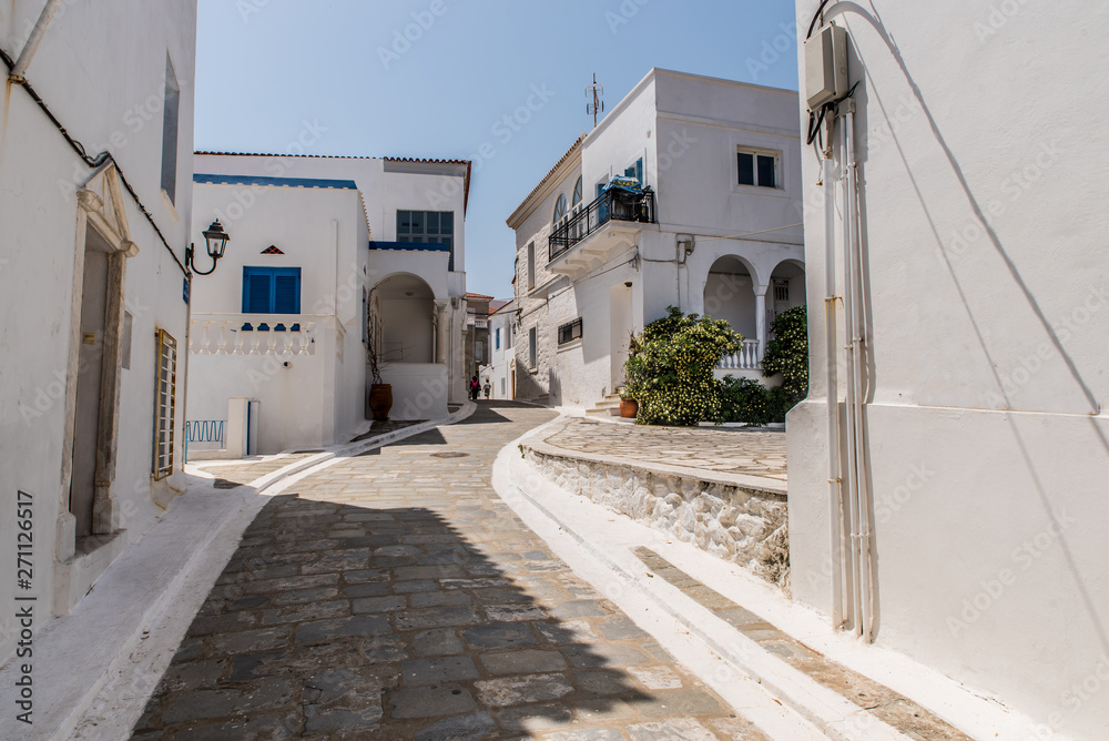 Traditional alleys at the Chora of Andros on a beautiful day