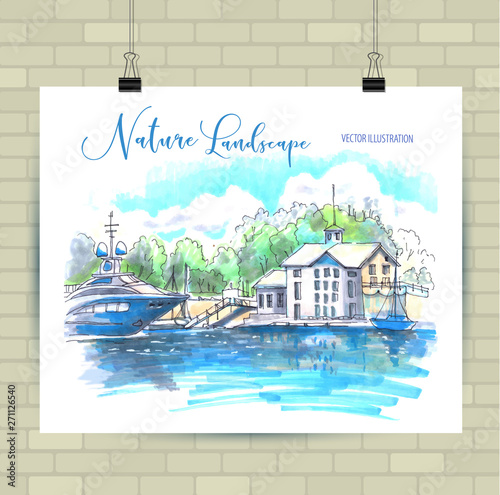 Sketching illustration in vector format. Poster with beautiful seascape . Hand drawn illustration.
