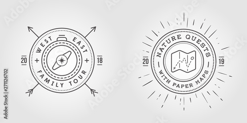 Hiking Trail Logo Design Set with typography and travel elements - map with pin. Compass.