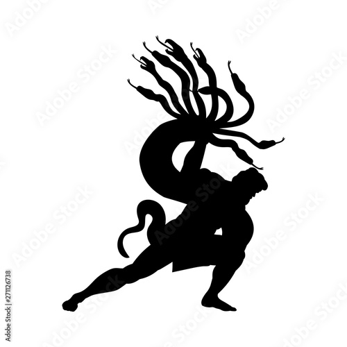 Heracles fights Hydra silhouette ancient mythology fantasy. Vector illustration.