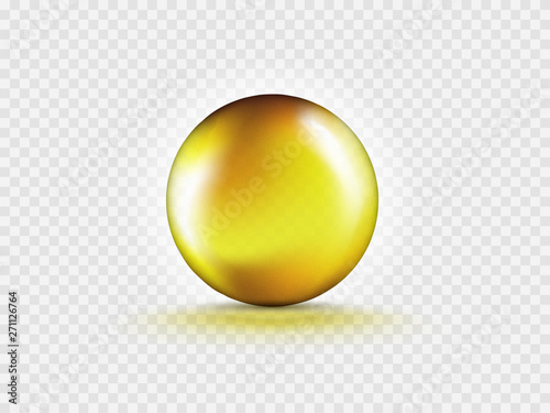 Liquid Oil gold Gel bubble isolated on transparent background. Cosmetic pill capsule of vitamin E, A or argan oil. Realistic Vector.