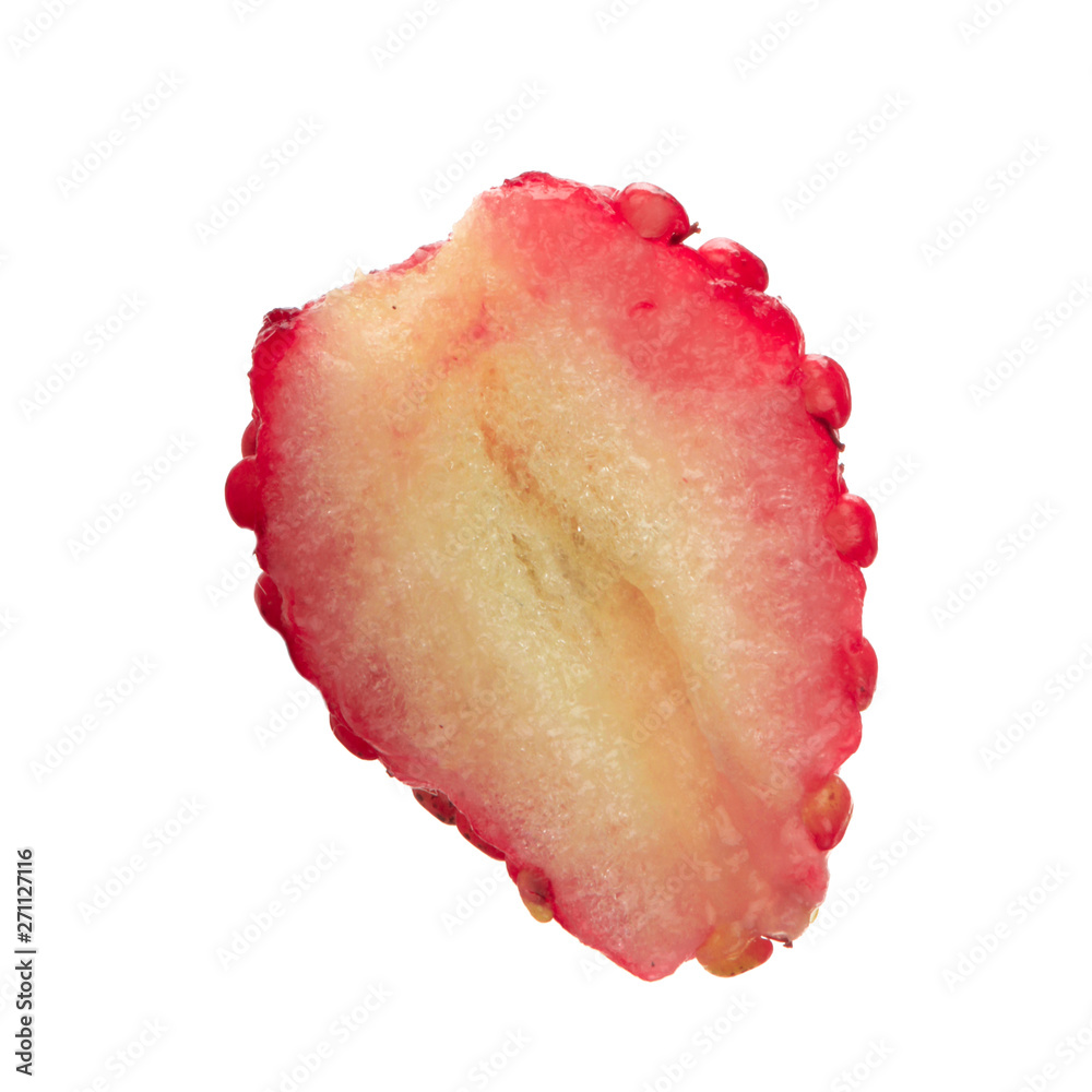half of red wild strawberry isolated on white background