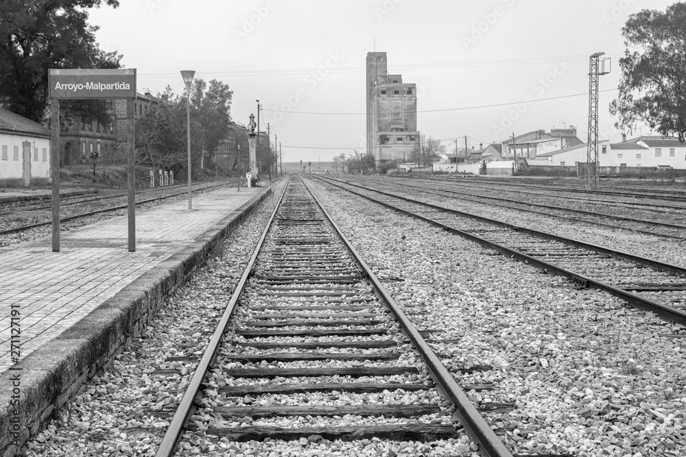 Railroad tracks at Arroyo Malpartida train station. Extremadura. Spain.