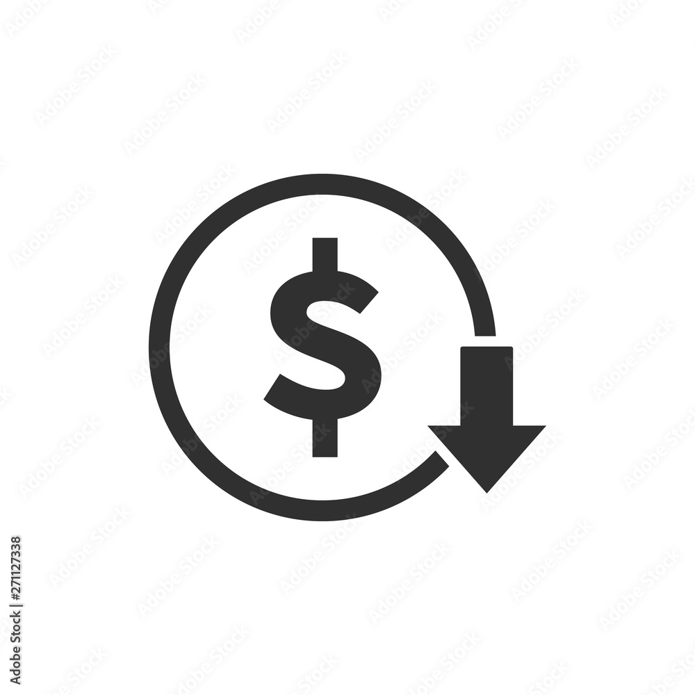 Dollar down icon isolated on white background. Vector illustration. Dollar down icon isolated on white background. Vector illustration.