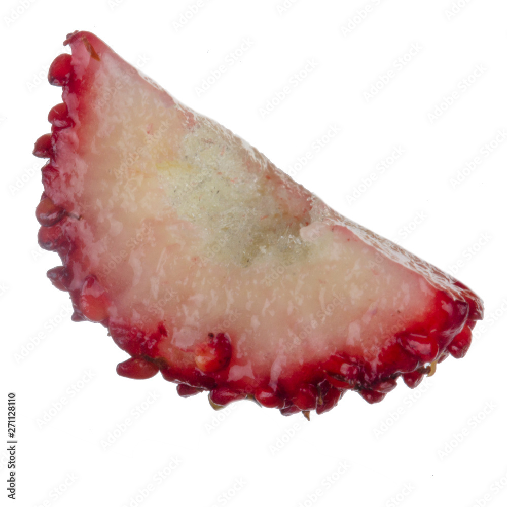half of red wild strawberry isolated on white background