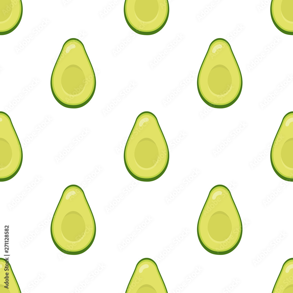 Seamless pattern with fresh half avocado isolated on white background. Organic food. Cartoon style. Vector illustration for design, web, wrapping paper, fabric, wallpaper. Seamless pattern with fresh half avocado isolated on white background. Organic food. Cartoon style. Vector illustration for design, web, wrapping paper, fabric, wallpaper.