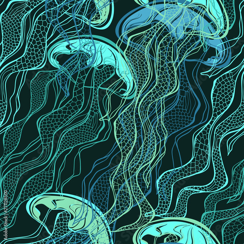 Seamless vector pattern with jellyfish on black background. Abstract nature background.