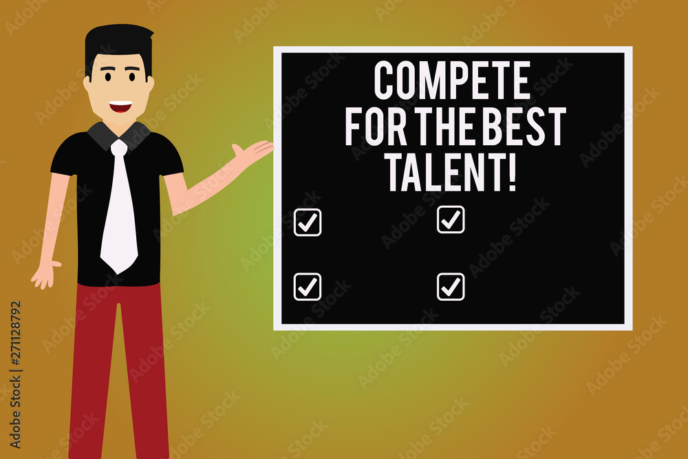 Writing note showing Compete For The Best Talent. Business photo showcasing Competition to determine who is more talented Man with Tie Talking Presenting Blank Color Square Board Writing note showing Compete For The Best Talent. Business photo showcasing Competition to determine who is more talented Man with Tie Talking Presenting Blank Color Square Board