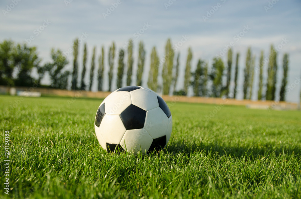 Fototapeta premium Closeup soccer ball on soccer field, sunny day