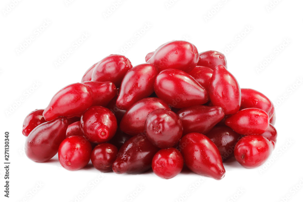 heap of fresh red cornels isolated on white background