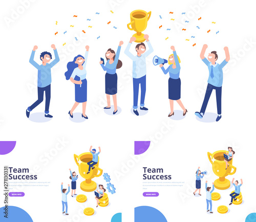 Team Success isometric vector illustration. Business people celebrating victory. Man sitting on the gold winner cup, happy people raising their hands. Vector illustration on white background 