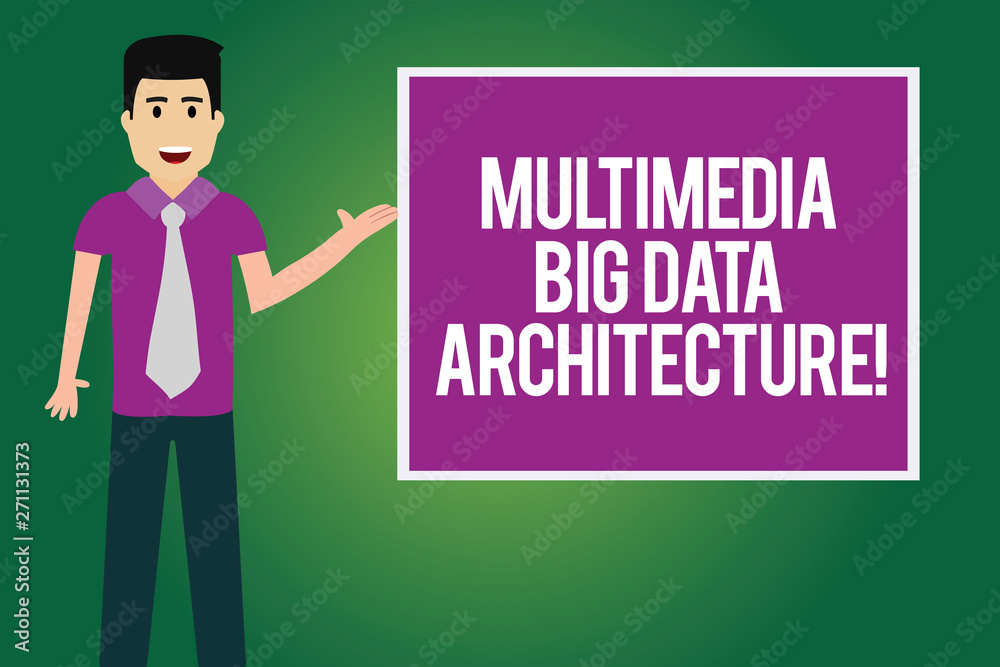 Handwriting text Multimedia Big Data Architecture. Concept meaning Online information technology network Man with Tie Standing Talking Presenting Blank Color Square Board photo Handwriting text Multimedia Big Data Architecture. Concept meaning Online information technology network Man with Tie Standing Talking Presenting Blank Color Square Board photo