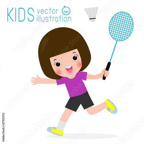 Kids Playing badminton isolated on white background, children and sport Vector Illustration