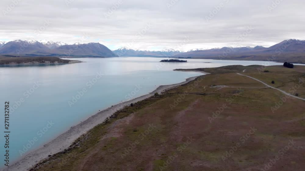 Lake Tekapo, drone aerial view, Canterbury, New Zealand, South Island, NZ Lake Tekapo, drone aerial view, Canterbury, New Zealand, South Island, NZ