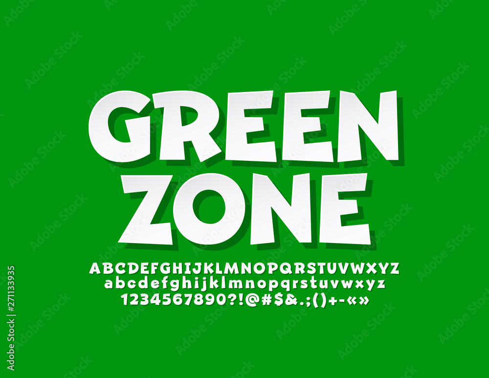 Vector stylish emblem Green Zone with modern Font. White Alphabet Letters, Numbers and Symbols Vector stylish emblem Green Zone with modern Font. White Alphabet Letters, Numbers and Symbols