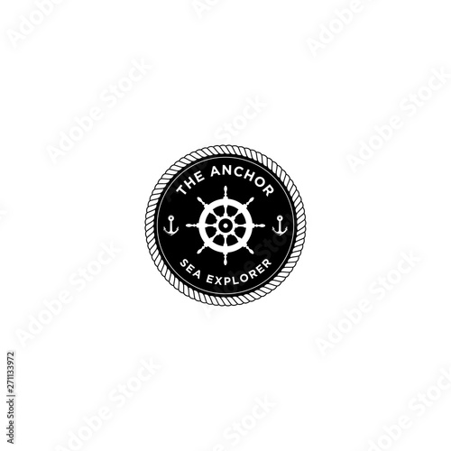 marine retro emblems logo with anchor rope and ship wheel, anchor logo - vector