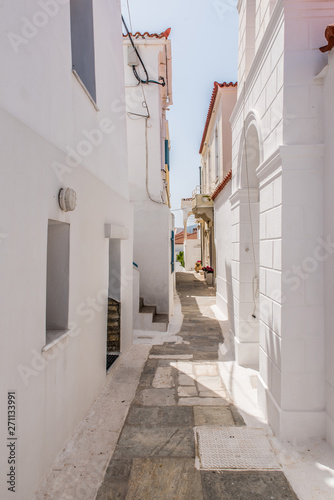 Traditional alleys at the Chora of Andros on a beautiful day
