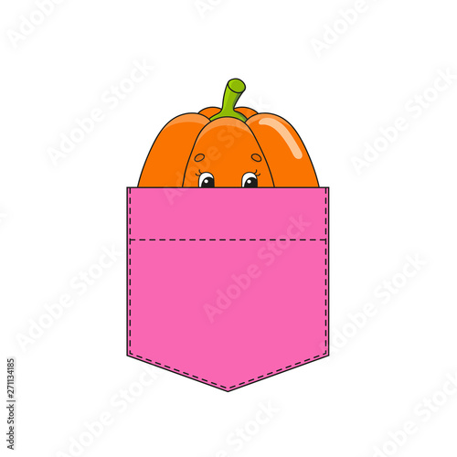 Pumpkin in shirt pocket. Cute character. Colorful vector illustration. Cartoon style. Isolated on white background. Design element. Template for your shirts, books, stickers, cards, posters.