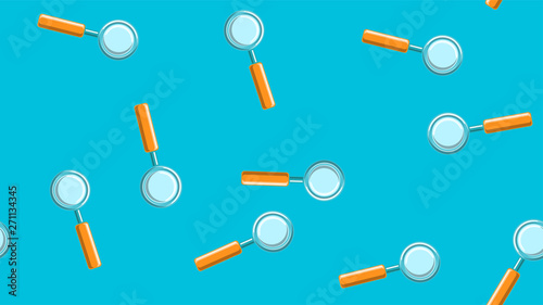 Seamless pattern texture of endless repetitive medical scientific optical glass loupes with pen and glass for searching and locating objects on blue background. Vector illustration
