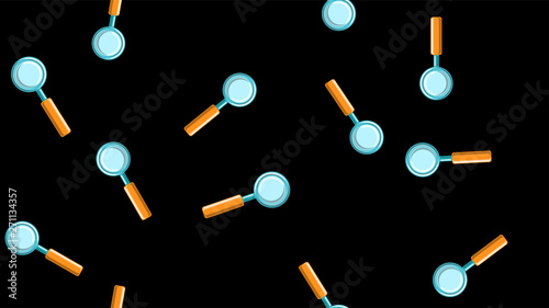 Seamless pattern texture of endless repetitive medical scientific optical glass loupes with a pen and glass for searching and locating objects on a black background. Vector illustration