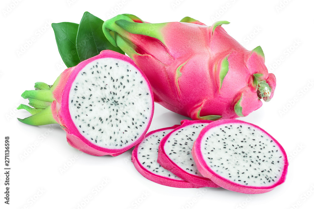 Ripe Dragon fruit, Pitaya or Pitahaya isolated on white background, fruit healthy concept Ripe Dragon fruit, Pitaya or Pitahaya isolated on white background, fruit healthy concept
