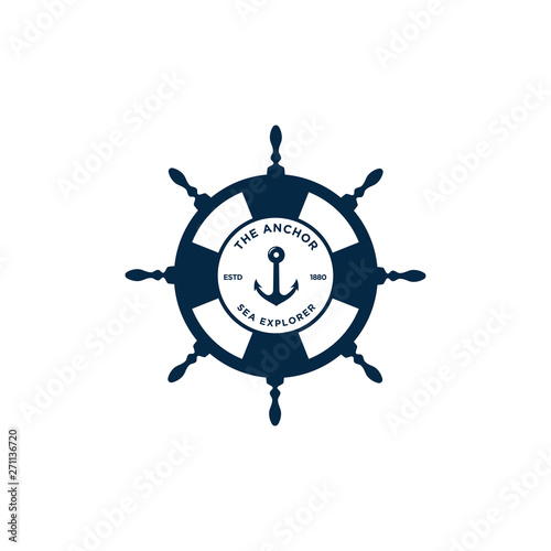 marine retro emblems logo with anchor and ship wheel, anchor logo - vector