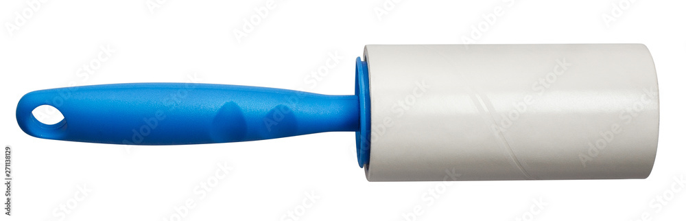 Sticky paper lint roller with a blue handle, isolated on white background Sticky paper lint roller with a blue handle, isolated on white background