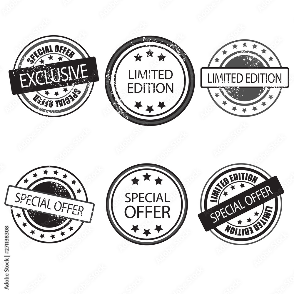 limited edition and special offer icons, black and white stamps for special offers, cards, flyers and other things