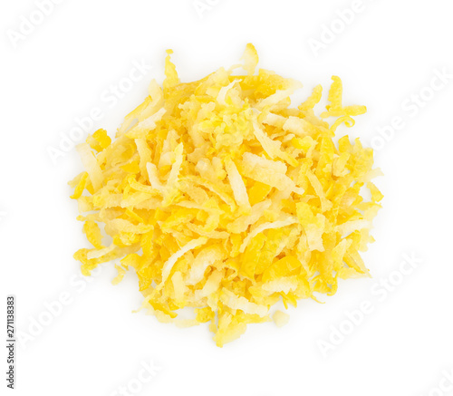 Lemon peel or zest isolated on white background. Healthy food. Top view. Flat lay