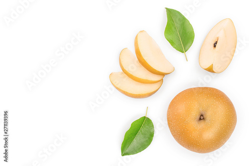 Fresh asian pear with leaves isolated on white background with copy space for your text. Top view. Flat lay.