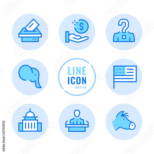 American elections vector line icons set. Voting, politics, United States political party, government, ballot box outline symbols. Thin line design. Modern simple stroke graphic elements. Round icons