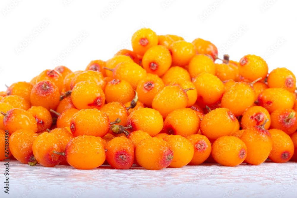 heap of sea buckthorn with water drops isolated on white heap of sea buckthorn with water drops isolated on white