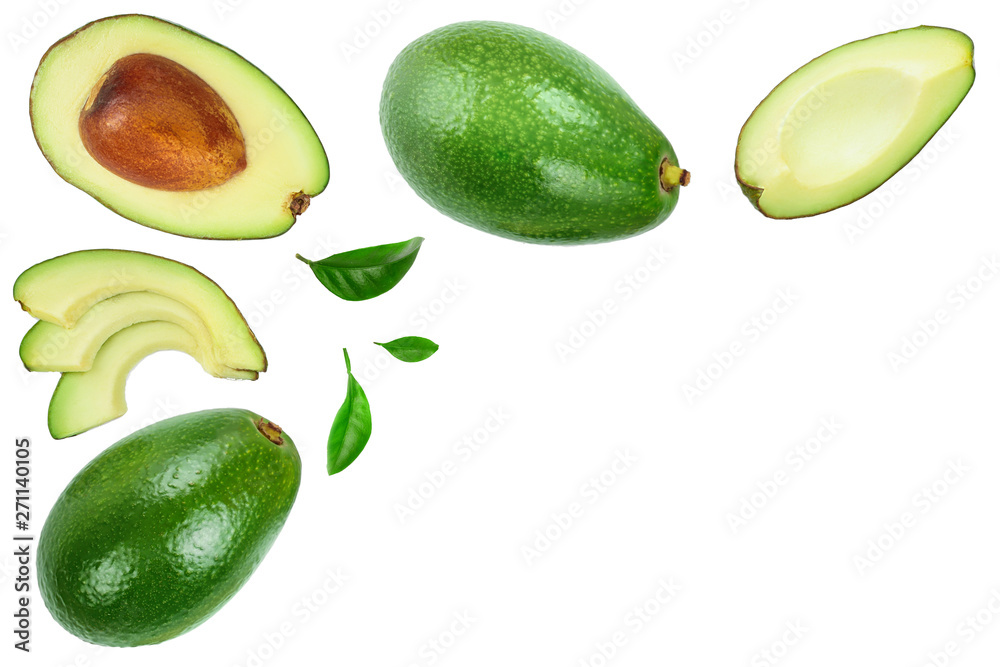 avocado and slices isolated on white background with copy space for your text. Top view. Flat lay avocado and slices isolated on white background with copy space for your text. Top view. Flat lay