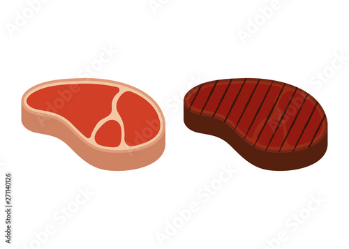 Raw and grilled steak. Vector. Isolated.