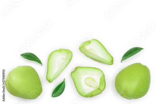 fresh Chayote vegetable isolated on white background with copy space for your text. Top view. Flat lay