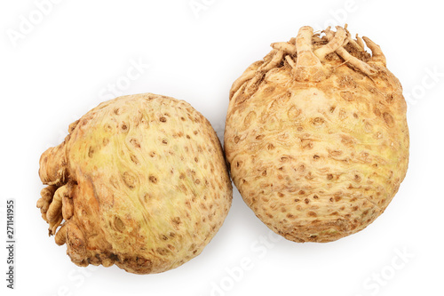 Fresh celery root isolated on white background. Top view. Flat lay