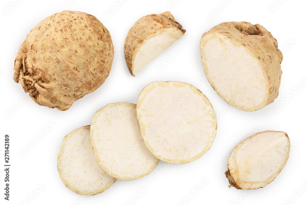 Fresh celery root isolated on white background. Top view. Flat lay. Set or collection Fresh celery root isolated on white background. Top view. Flat lay. Set or collection