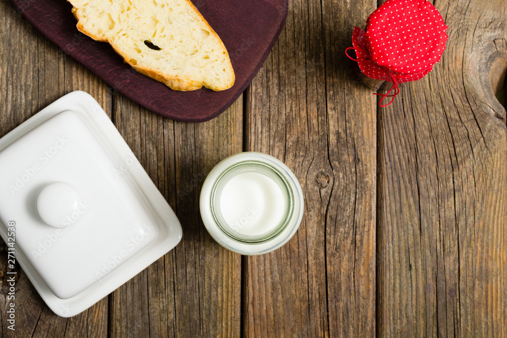 breakfast, jam, milk bottle, slice of bread