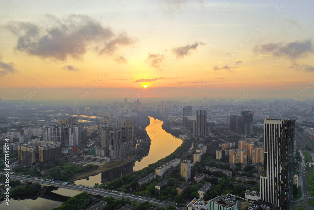 Moscow, Russia. Aerial view of a beautiful sunset over the Moscow River