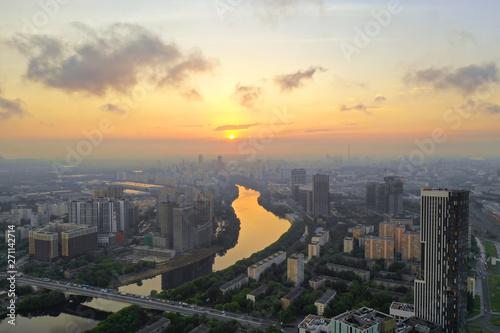 Moscow, Russia. Aerial view of a beautiful sunset over the Moscow River