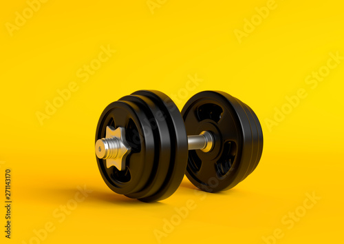 Fototapeta Naklejka Na Ścianę i Meble -  Dumbbell with black plates isolated on pastel yellow background. Front view with copy space. Creative concept. 3d rendering illustration
