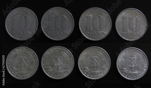 Set of 4 (four) different years vintage DDR East Germany (GDR - German Democratic Republic) 10 Pfennig aluminium coins lot 1965, 1967, 1968, 1970 year. photo