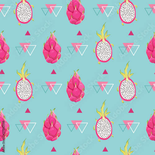 Seamless Botanical pattern with dragon fruits, pitaya background. Hand drawn vector illustration in watercolor style for summer romantic cover, tropical wallpaper, vintage texture