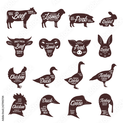 Farm animals silhouettes collection. Butcher shop labels