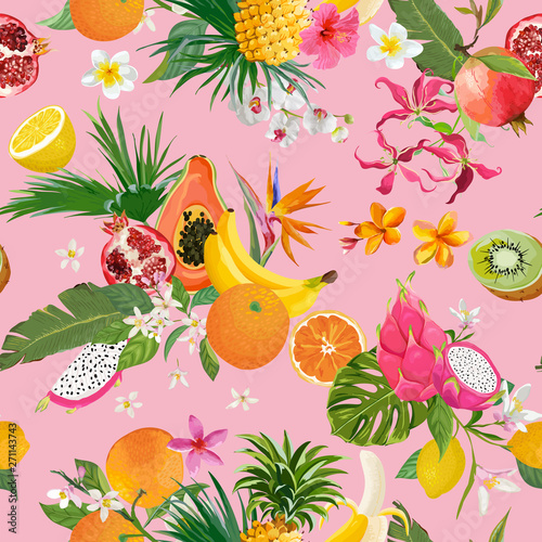 Seamless pattern with tropical fruits and flowers. Banana, Orange, Lemon, Pineapple, Dragon fruit background for textile, fashion texture, wallpaper in vector