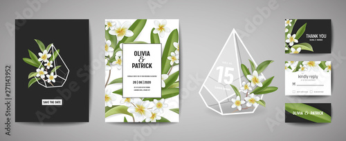 Botanical wedding invitation card Template Design, Tropical Plumeria Flowers and Leaves in modern style, Collection of Save the date, RSVP, greeting in vector
