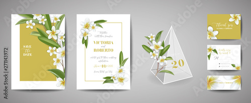 Tropical wedding invitation card Template Design, Botanical Plumeria Flowers and Leaves in modern style, Collection of Save the date, RSVP, greeting in vector