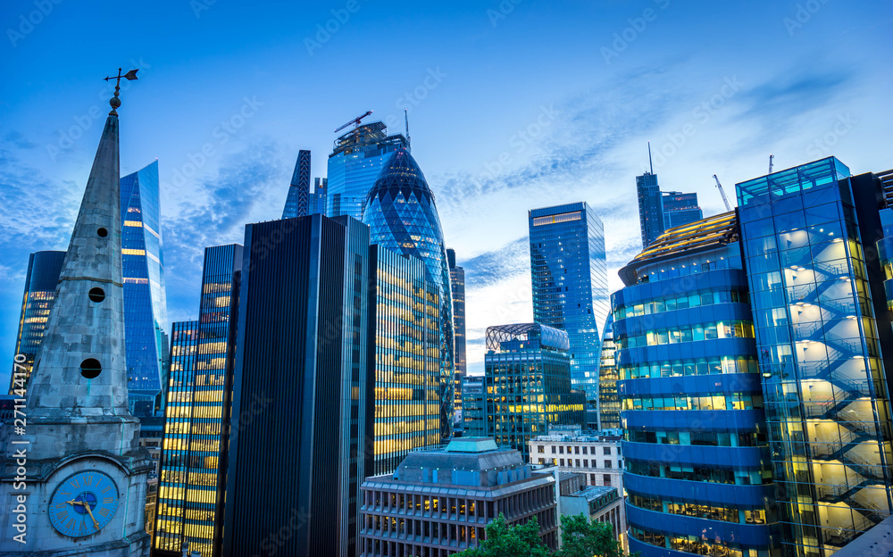 Aerial view of skyscrapers of the world famous bank district of central London after dusk